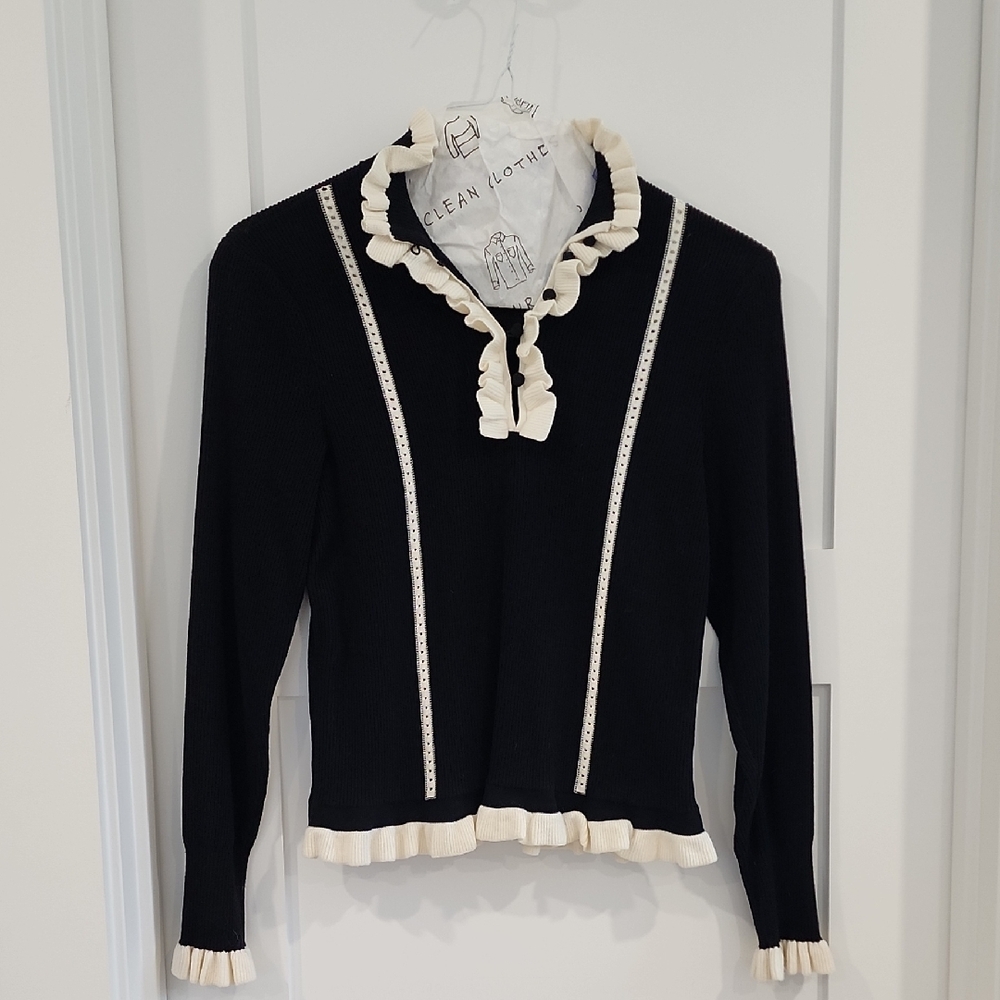 CAbi Black and White Ruffle Sweater
